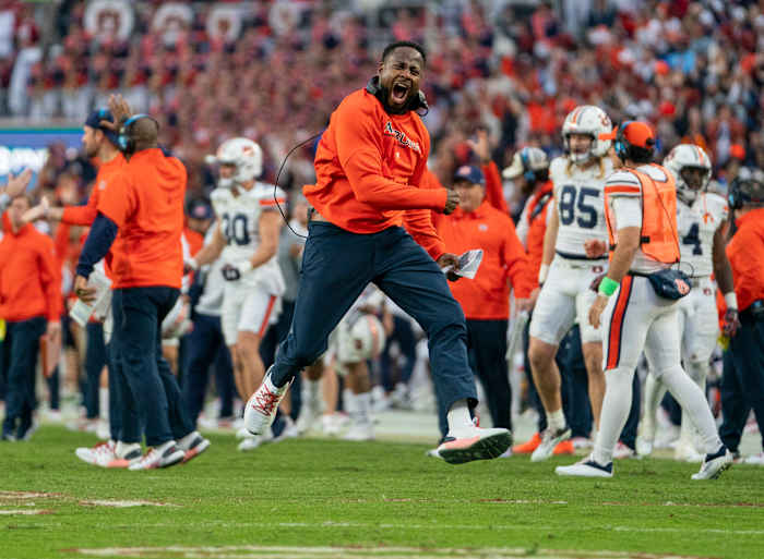 Nov 26, 2022; Tuscaloosa, Alabama, USA; Auburn Tigers head coach Carnell Williams reacts after his team scores against theAlabama Crimson Tide at Bryant-Denny Stadium. Mandatory Credit: Marvin Gentry-USA TODAY Sports